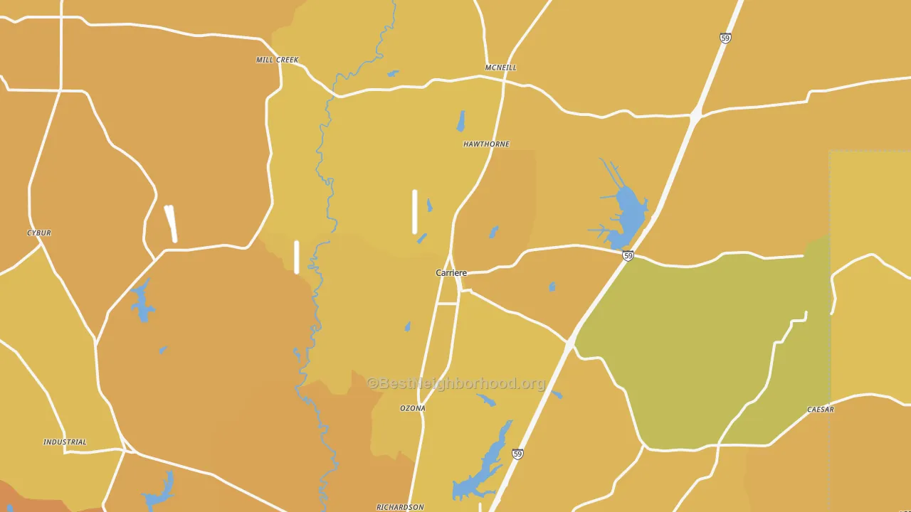 Map of the best neighborhoods in the Carriere area, with better matches in green and worse matches in red