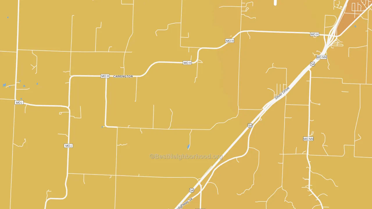 Map of the best neighborhoods in the Carrington area, with better matches in green and worse matches in red