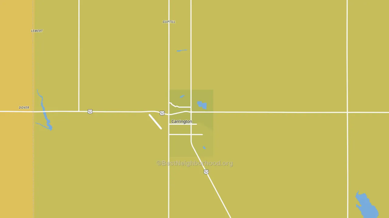Map of the best neighborhoods in the Carrington area, with better matches in green and worse matches in red