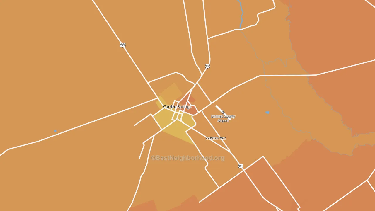 Map of the best neighborhoods in the Carrizo Springs area, with better matches in green and worse matches in red