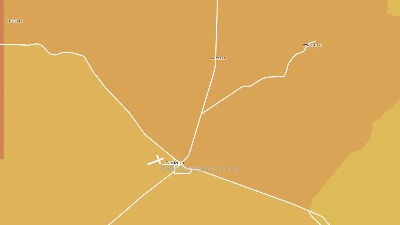 Map of the best neighborhoods in the Carrizozo area, with better matches in green and worse matches in red