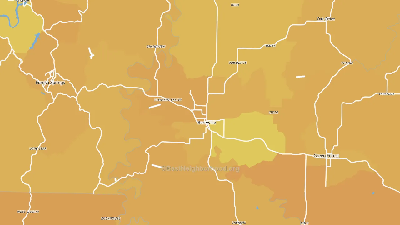 Map of the best neighborhoods in the Carroll County area, with better matches in green and worse matches in red
