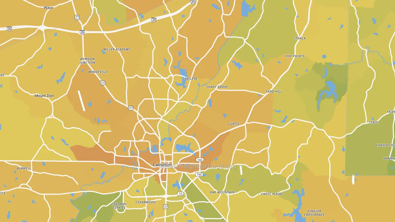 Map of the best neighborhoods in the Carroll County area, with better matches in green and worse matches in red