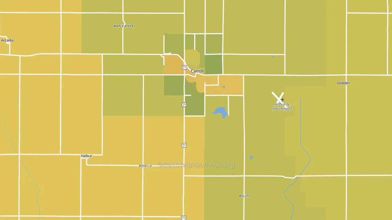 Map of the best neighborhoods in the Carroll County area, with better matches in green and worse matches in red