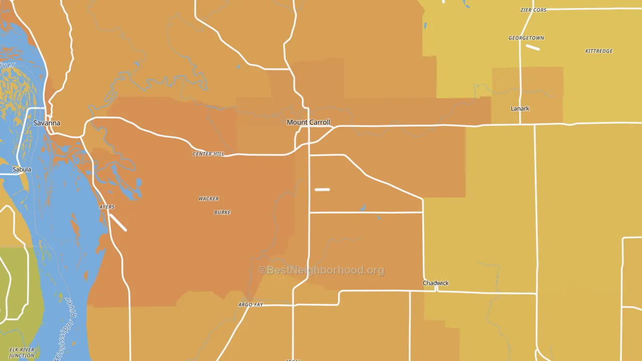 Map of the best neighborhoods in the Carroll County area, with better matches in green and worse matches in red
