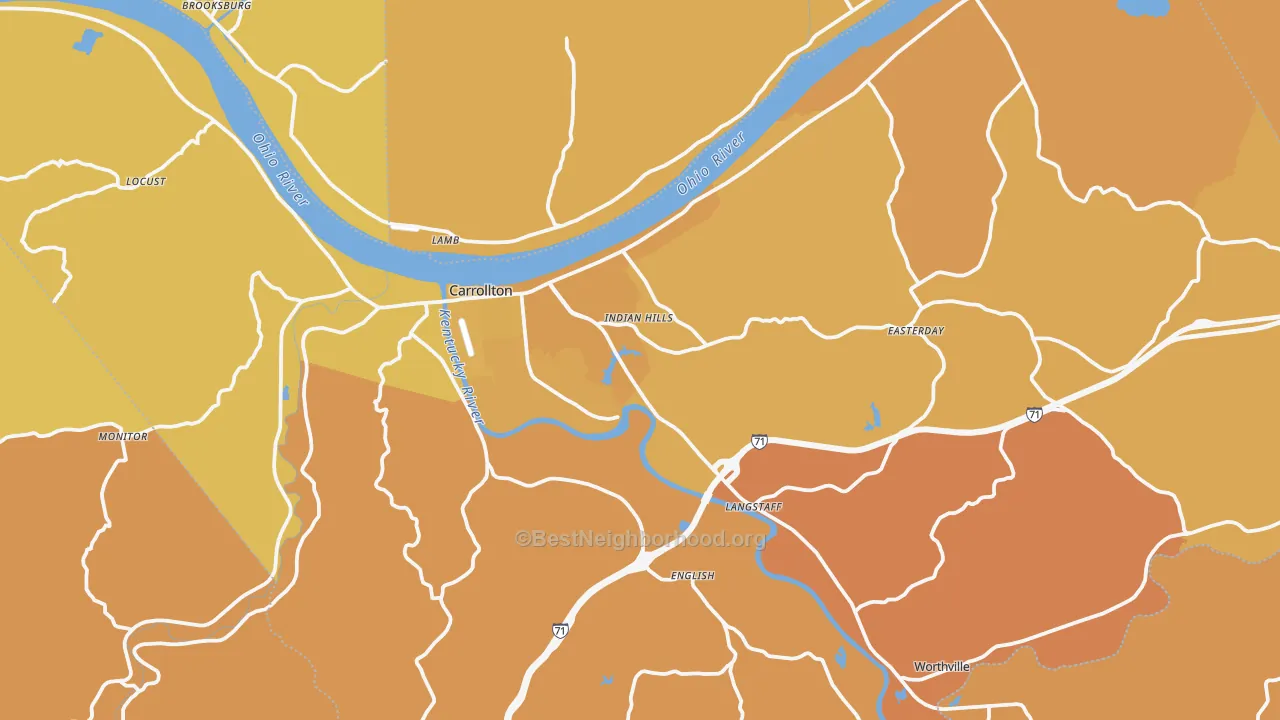 Map of the best neighborhoods in the Carroll County area, with better matches in green and worse matches in red