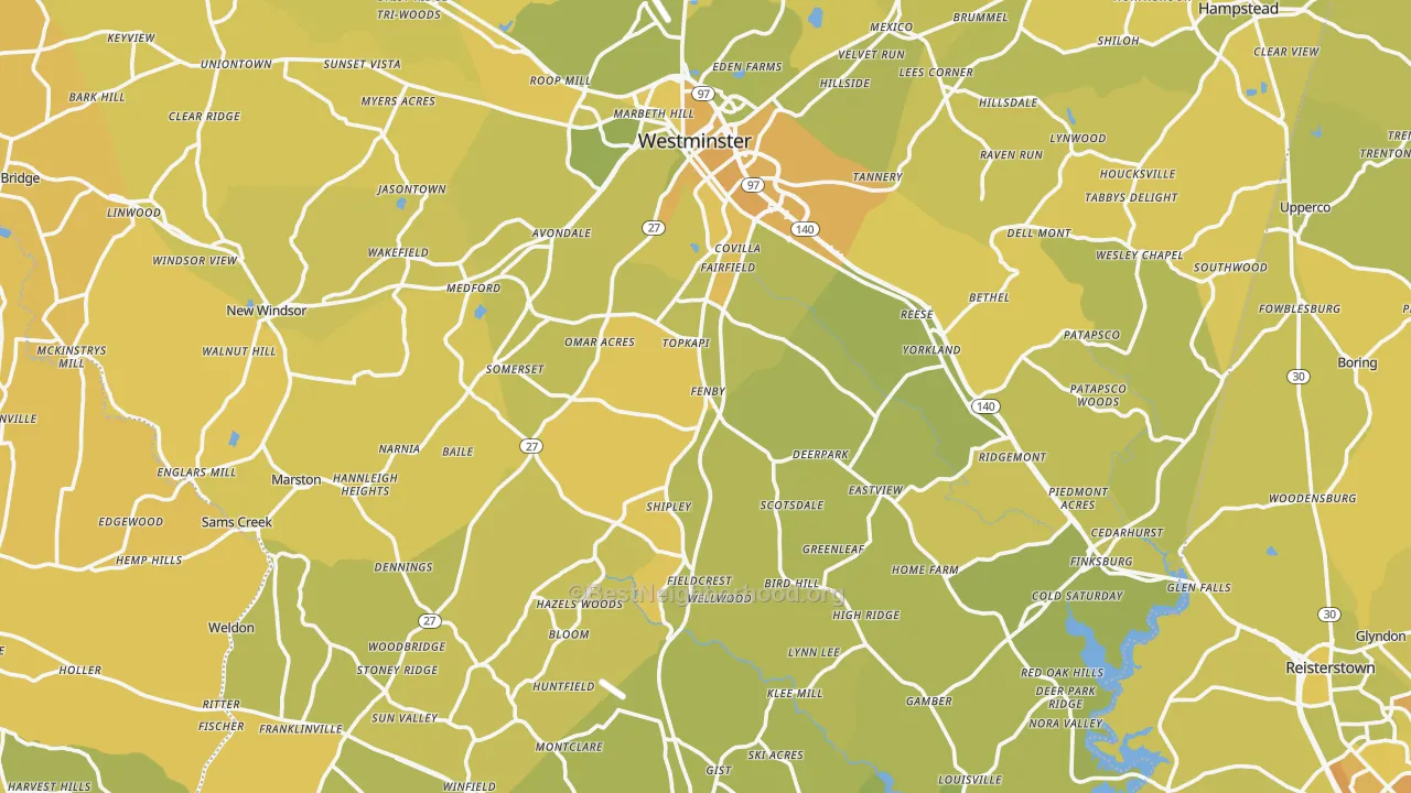 Map of the best neighborhoods in the Carroll County area, with better matches in green and worse matches in red