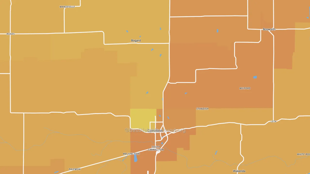 Map of the best neighborhoods in the Carroll County area, with better matches in green and worse matches in red