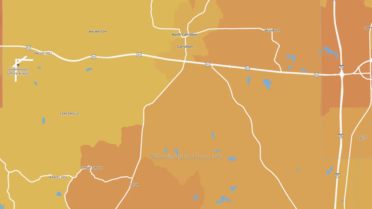 Map of the best neighborhoods in the Carroll County area, with better matches in green and worse matches in red