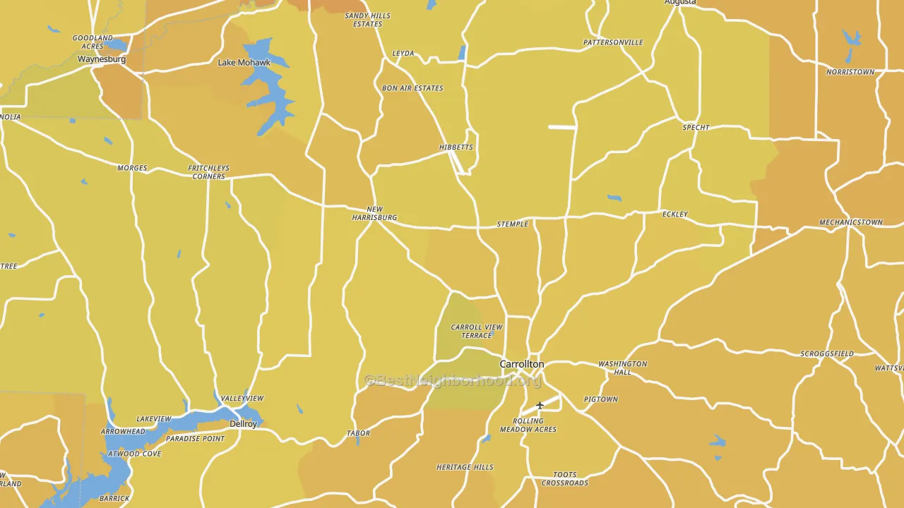 Map of the best neighborhoods in the Carroll County area, with better matches in green and worse matches in red