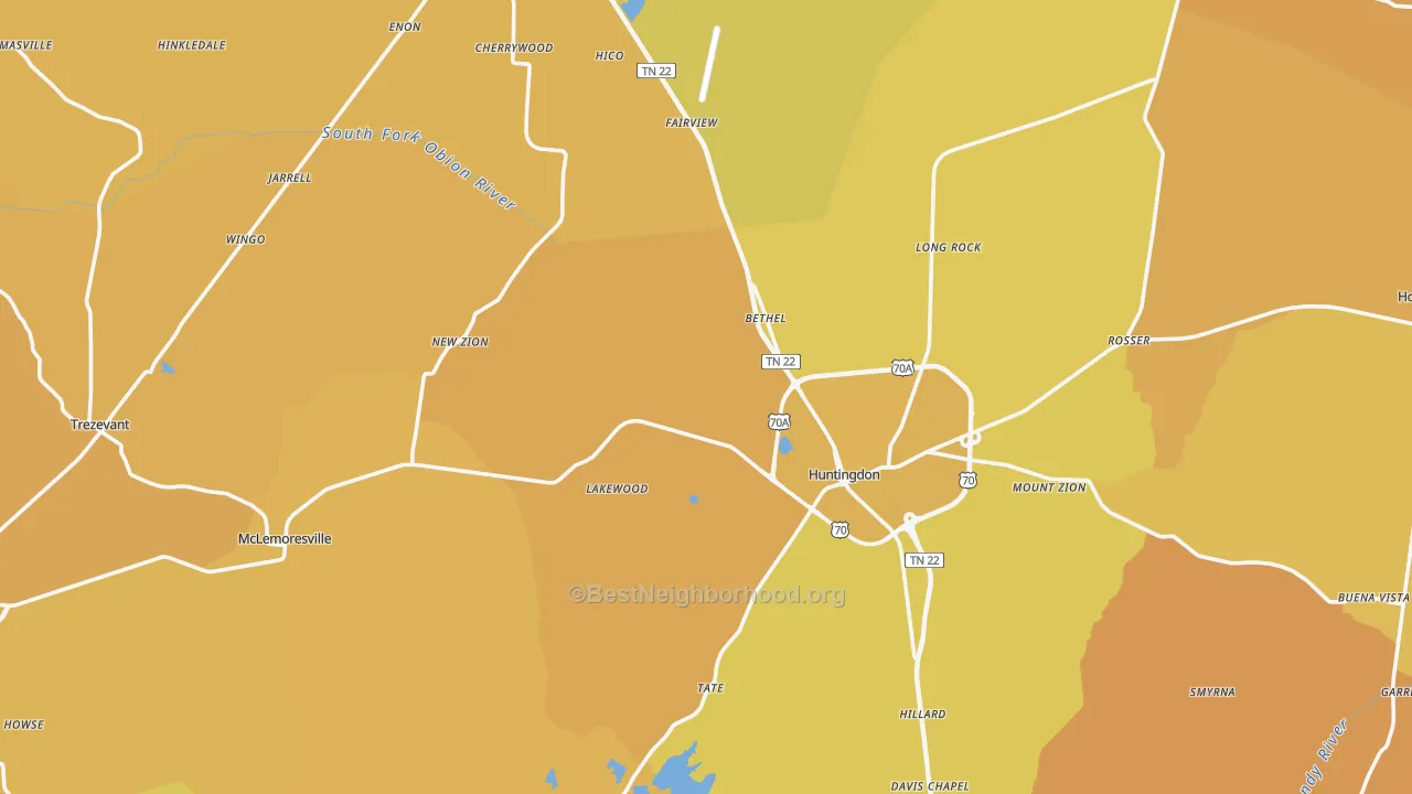 Map of the best neighborhoods in the Carroll County area, with better matches in green and worse matches in red