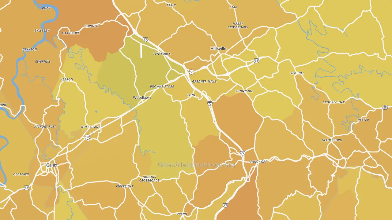 Map of the best neighborhoods in the Carroll County area, with better matches in green and worse matches in red