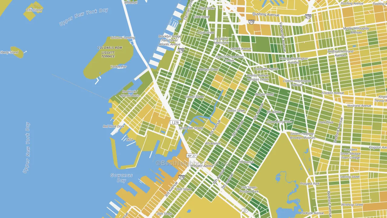 Map of the best neighborhoods in the Carroll Gardens, Brooklyn area, with better matches in green and worse matches in red