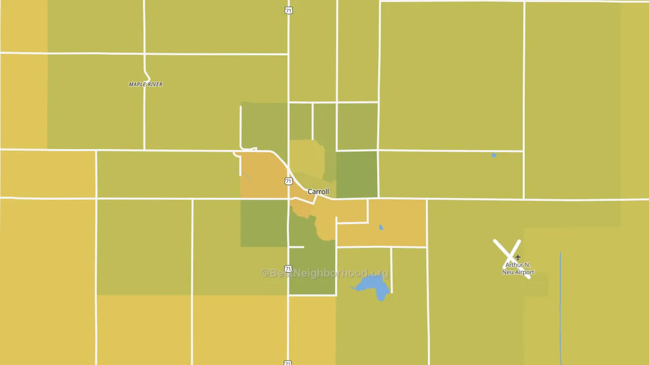 Map of the best neighborhoods in the Carroll area, with better matches in green and worse matches in red