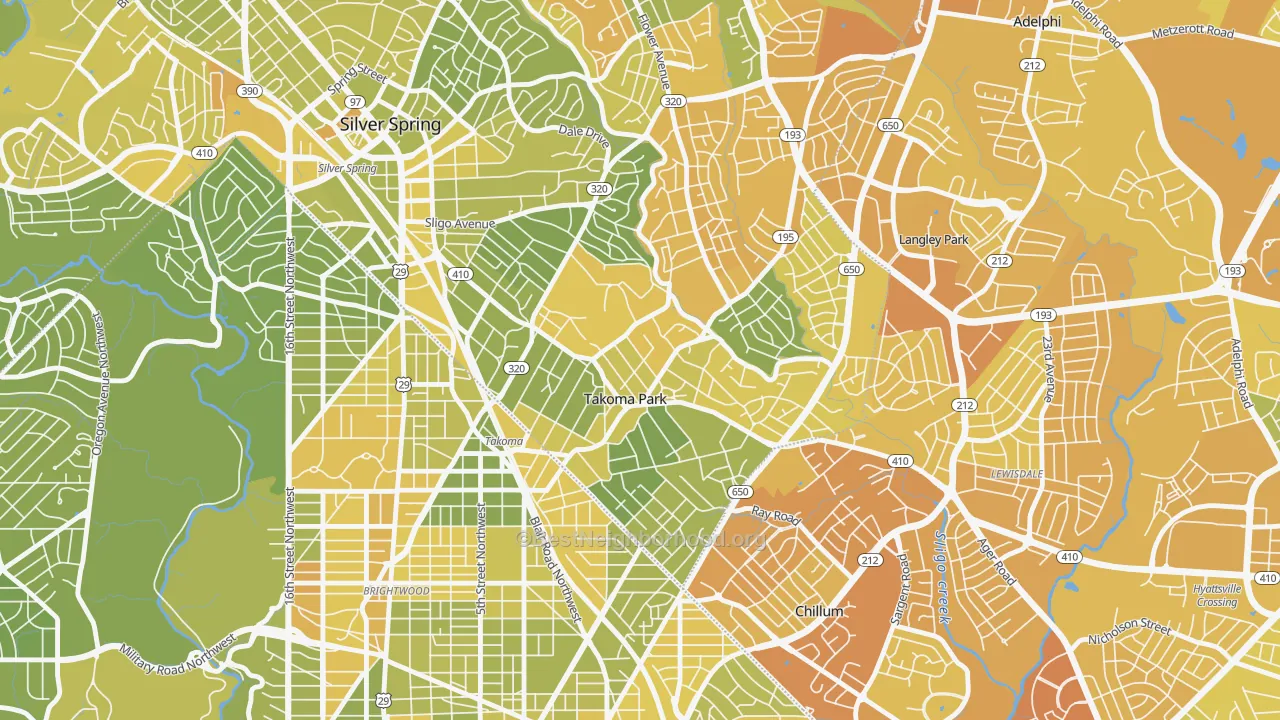 Map of the best neighborhoods in the Carroll Manor, Takoma Park area, with better matches in green and worse matches in red