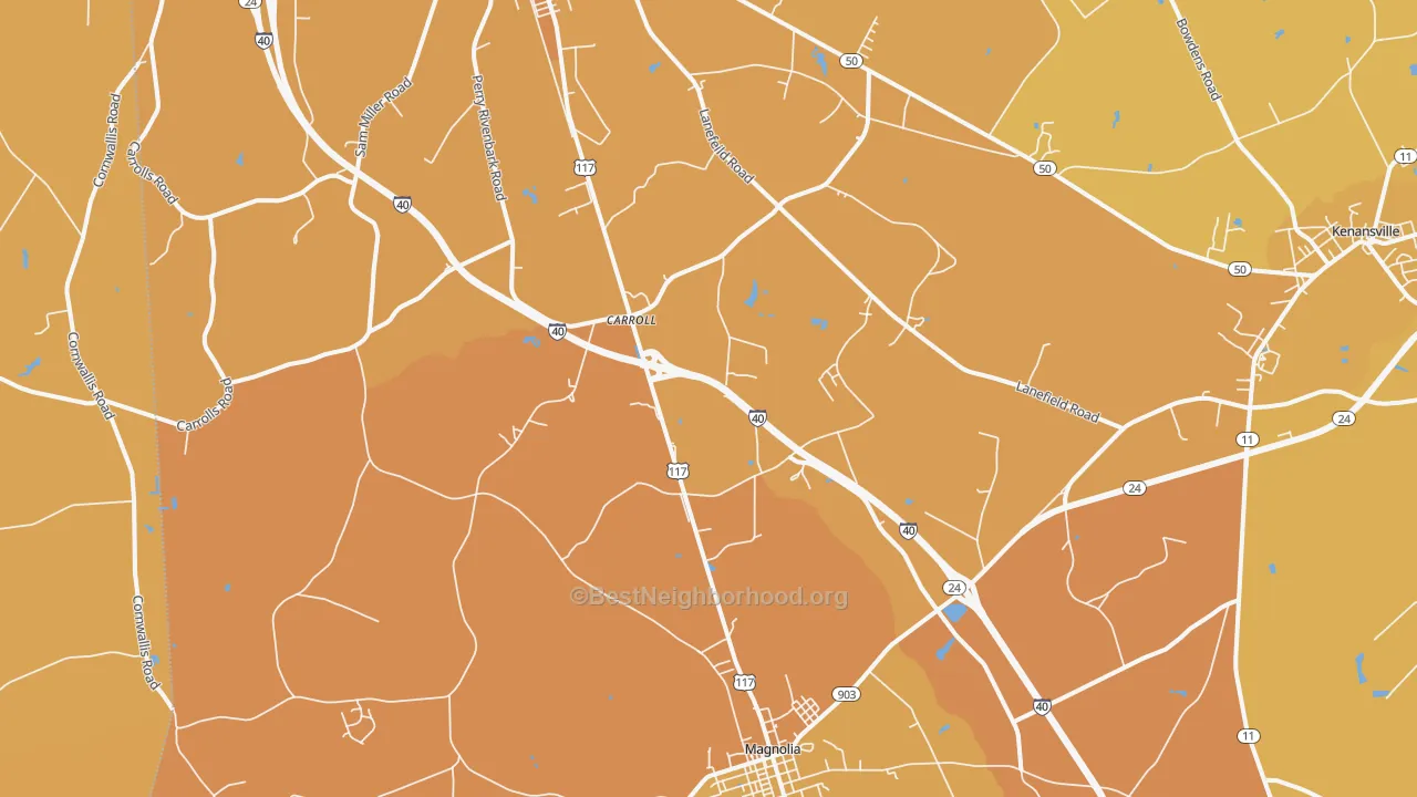 Map of the best neighborhoods in the Carroll area, with better matches in green and worse matches in red