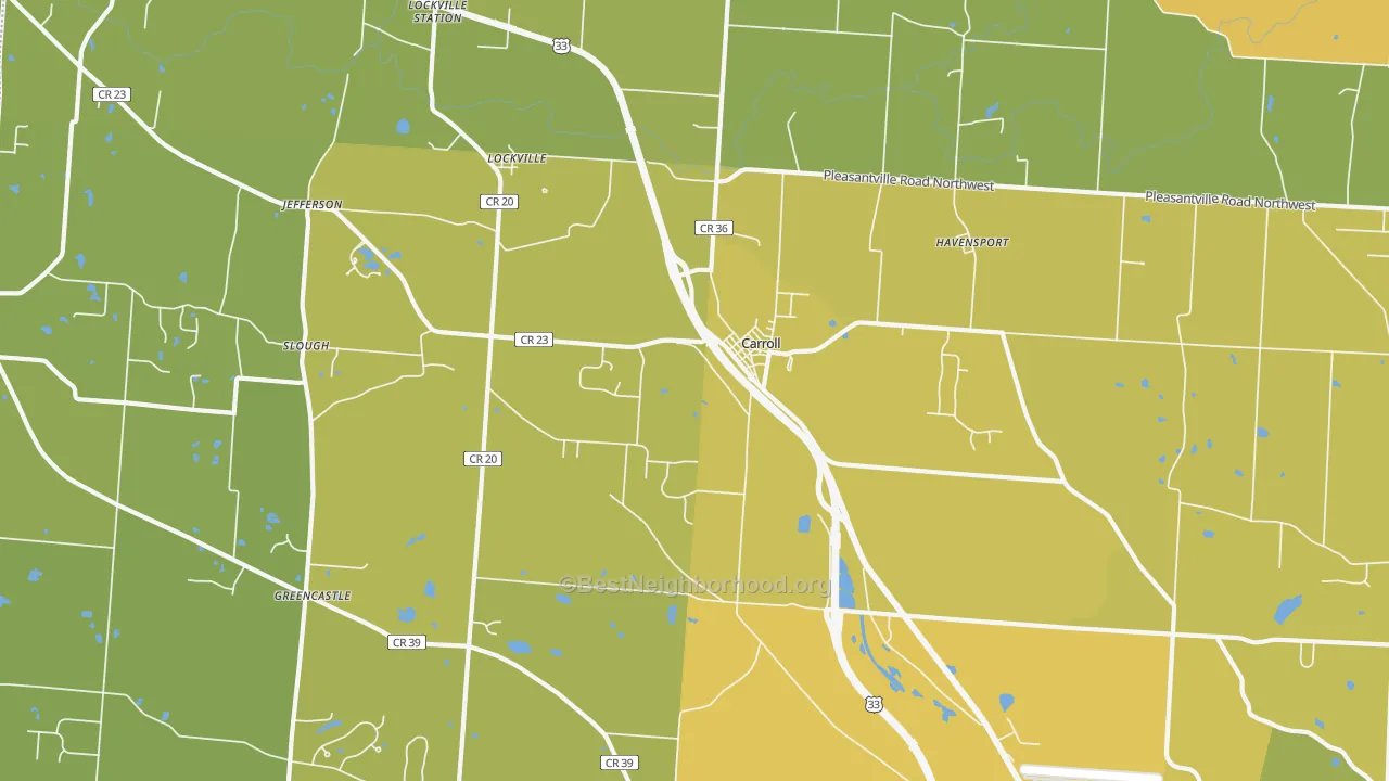 Map of the best neighborhoods in the Carroll area, with better matches in green and worse matches in red