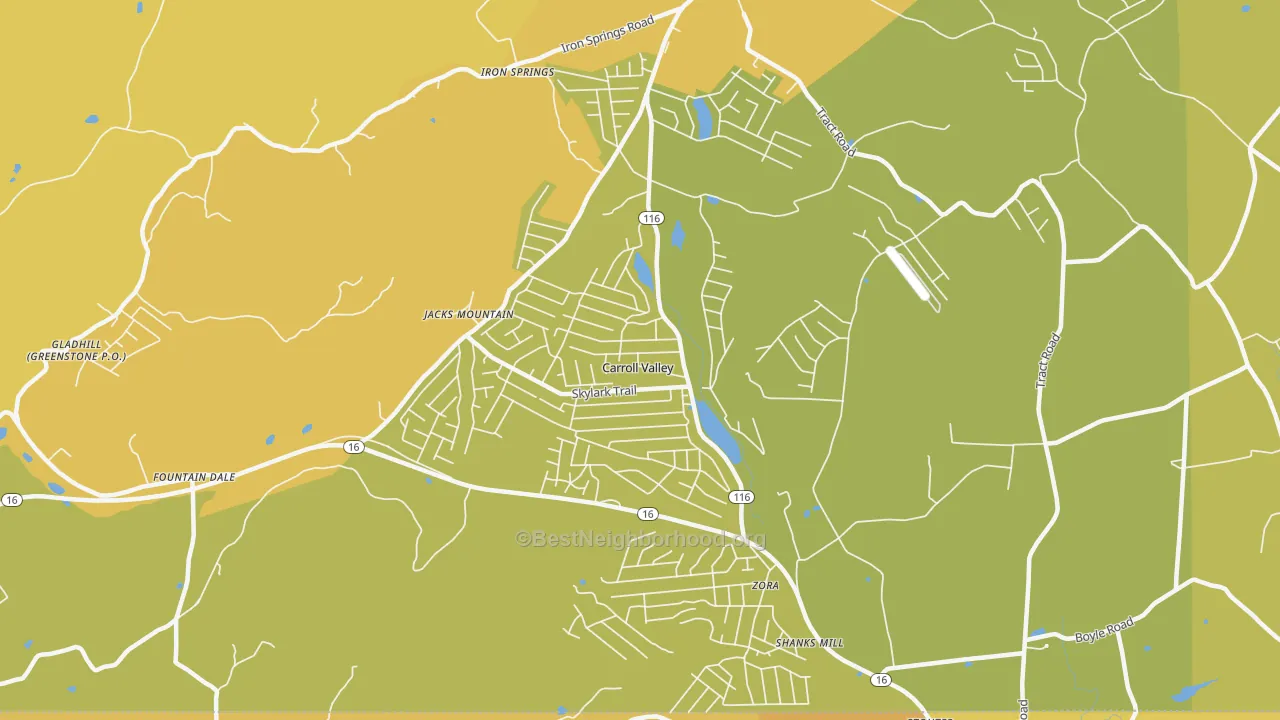 Map of the best neighborhoods in the Carroll Valley area, with better matches in green and worse matches in red