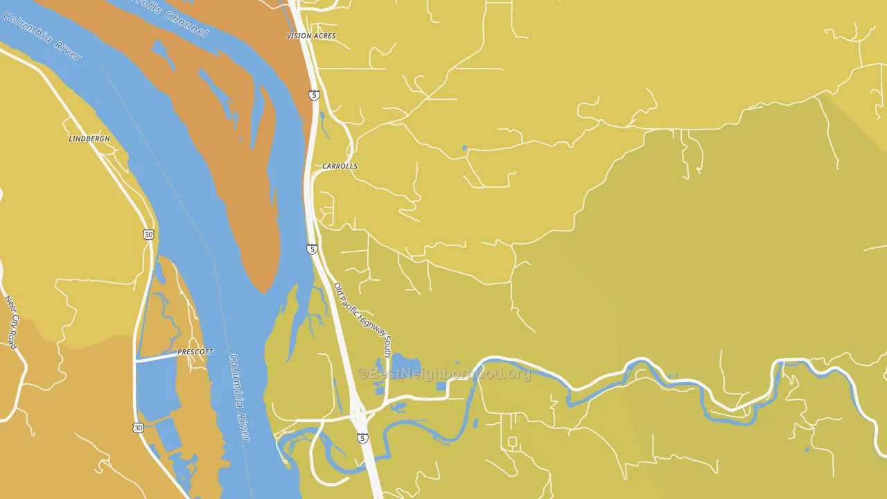 Map of the best neighborhoods in the Carrolls area, with better matches in green and worse matches in red