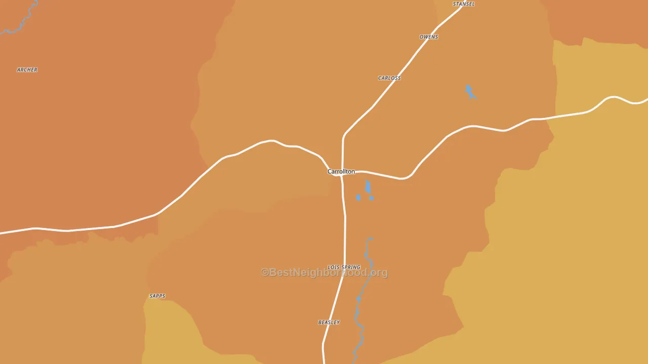 Map of the best neighborhoods in the Carrollton area, with better matches in green and worse matches in red