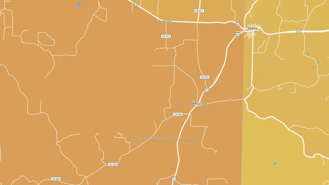 Map of the best neighborhoods in the Carrollton area, with better matches in green and worse matches in red