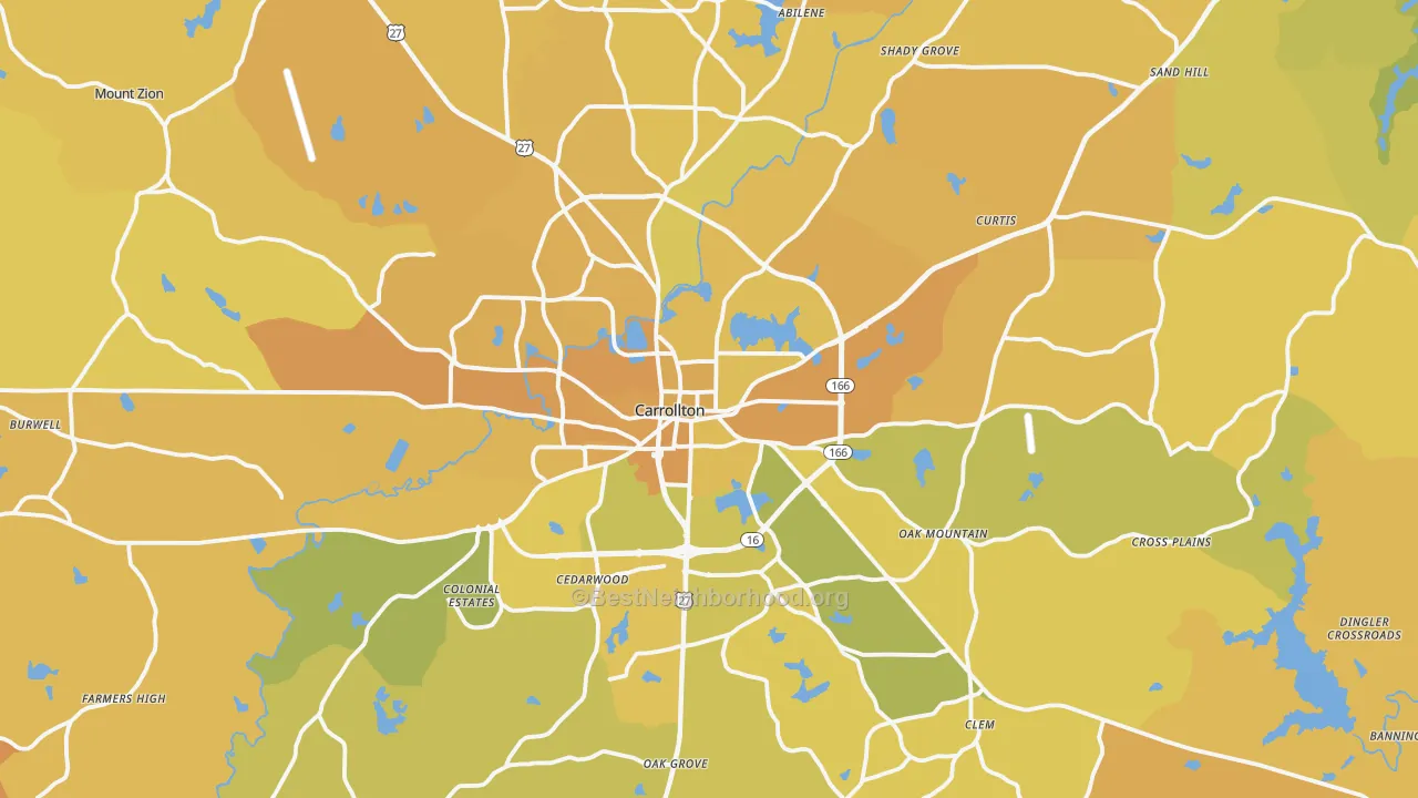 Map of the best neighborhoods in the Carrollton area, with better matches in green and worse matches in red