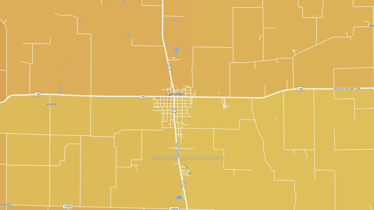 Map of the best neighborhoods in the Carrollton area, with better matches in green and worse matches in red