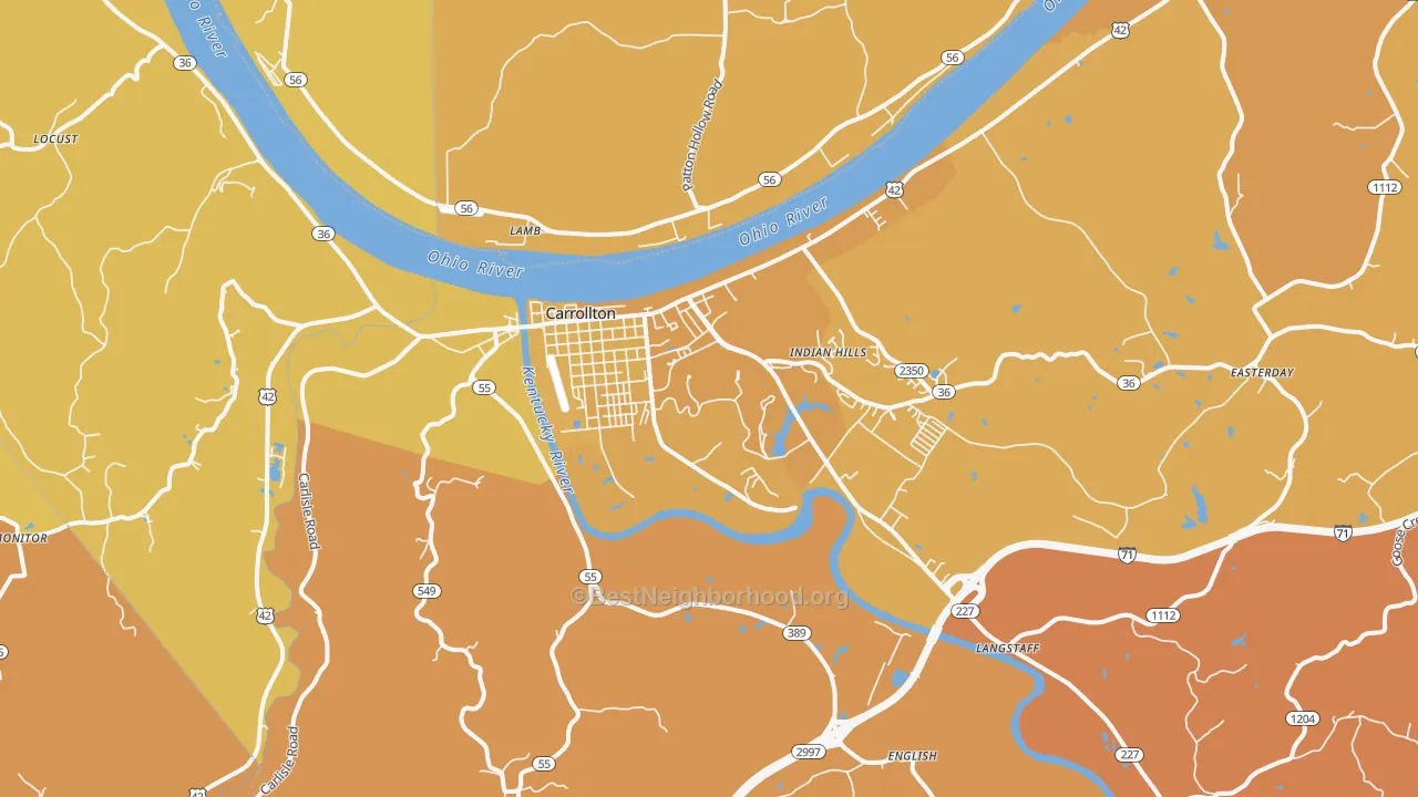 Map of the best neighborhoods in the Carrollton area, with better matches in green and worse matches in red