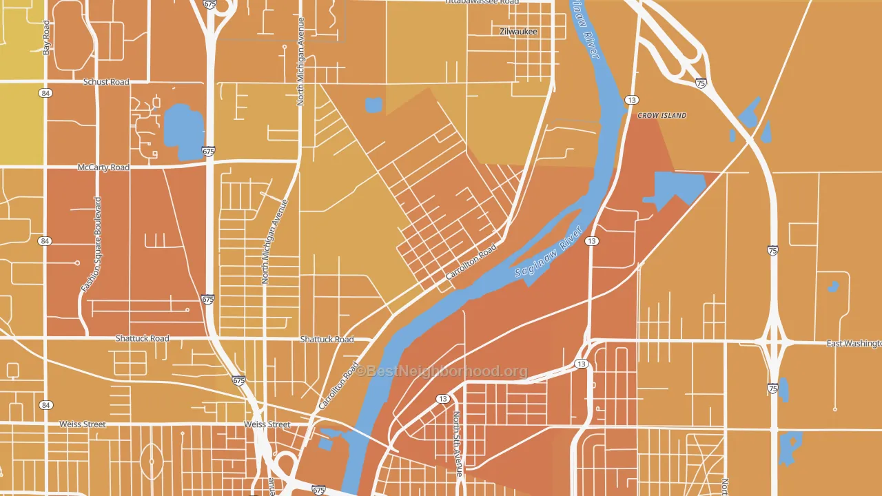 Map of the best neighborhoods in the Carrollton area, with better matches in green and worse matches in red