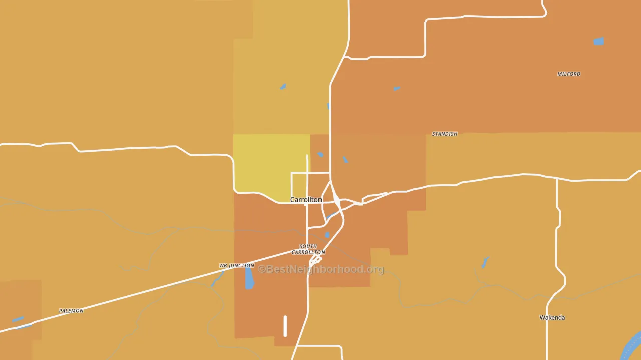 Map of the best neighborhoods in the Carrollton area, with better matches in green and worse matches in red