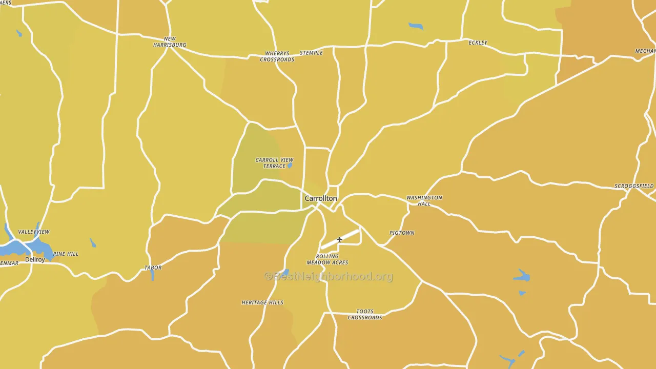 Map of the best neighborhoods in the Carrollton area, with better matches in green and worse matches in red