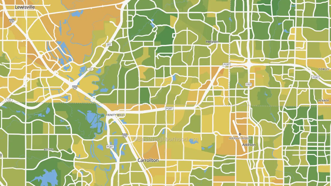Map of the best neighborhoods in the Carrollton area, with better matches in green and worse matches in red