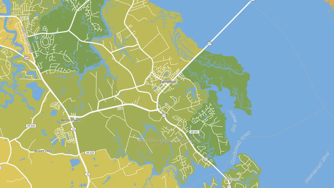 Map of the best neighborhoods in the Carrollton area, with better matches in green and worse matches in red