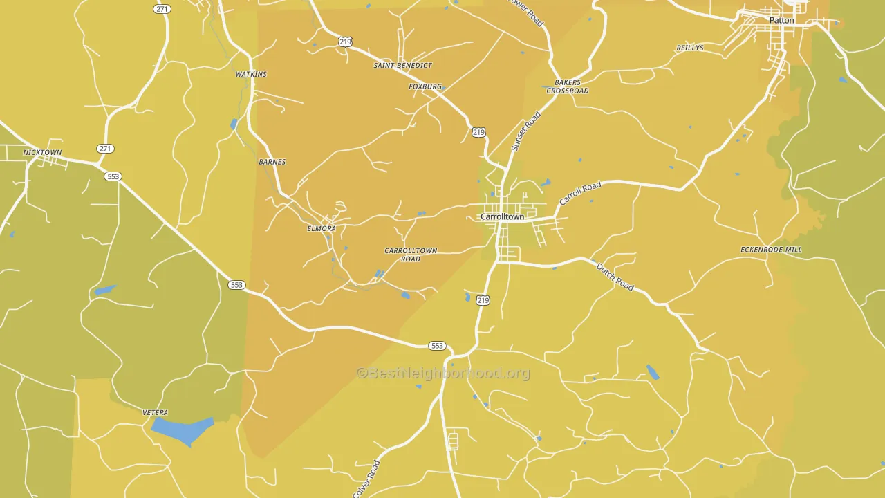 Map of the best neighborhoods in the Carrolltown area, with better matches in green and worse matches in red