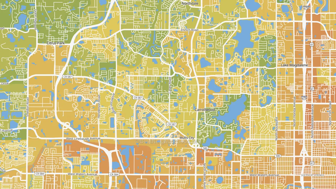 Map of the best neighborhoods in the Carrollwood, Tampa area, with better matches in green and worse matches in red