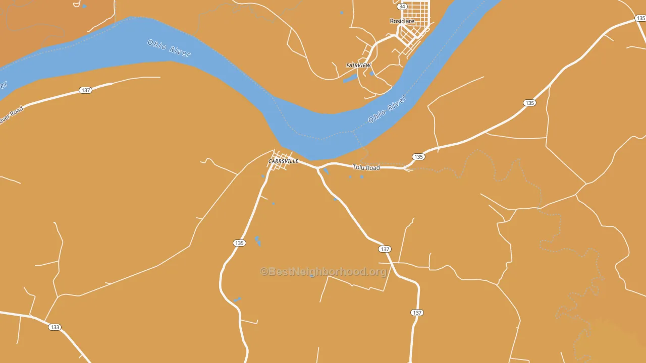 Map of the best neighborhoods in the Carrsville area, with better matches in green and worse matches in red