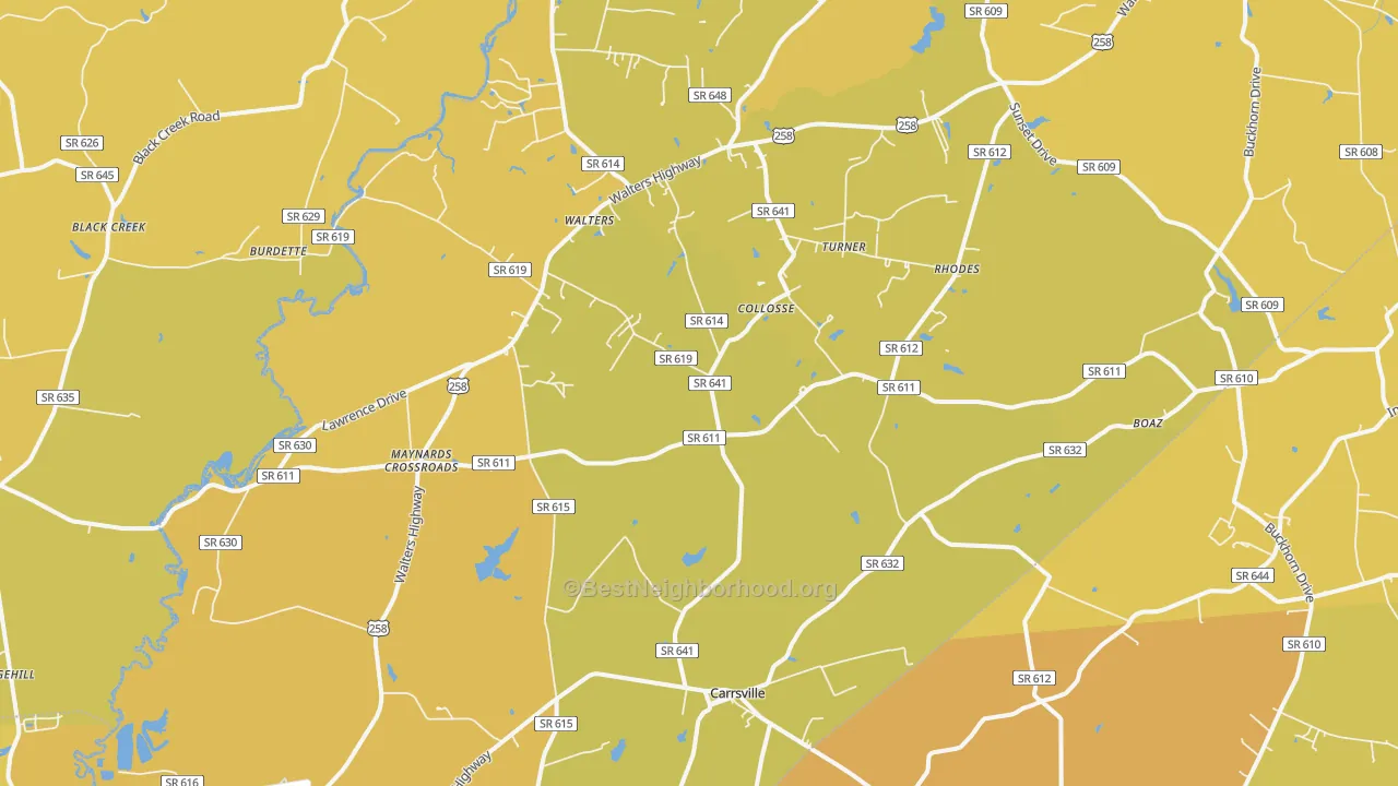 Map of the best neighborhoods in the Carrsville area, with better matches in green and worse matches in red