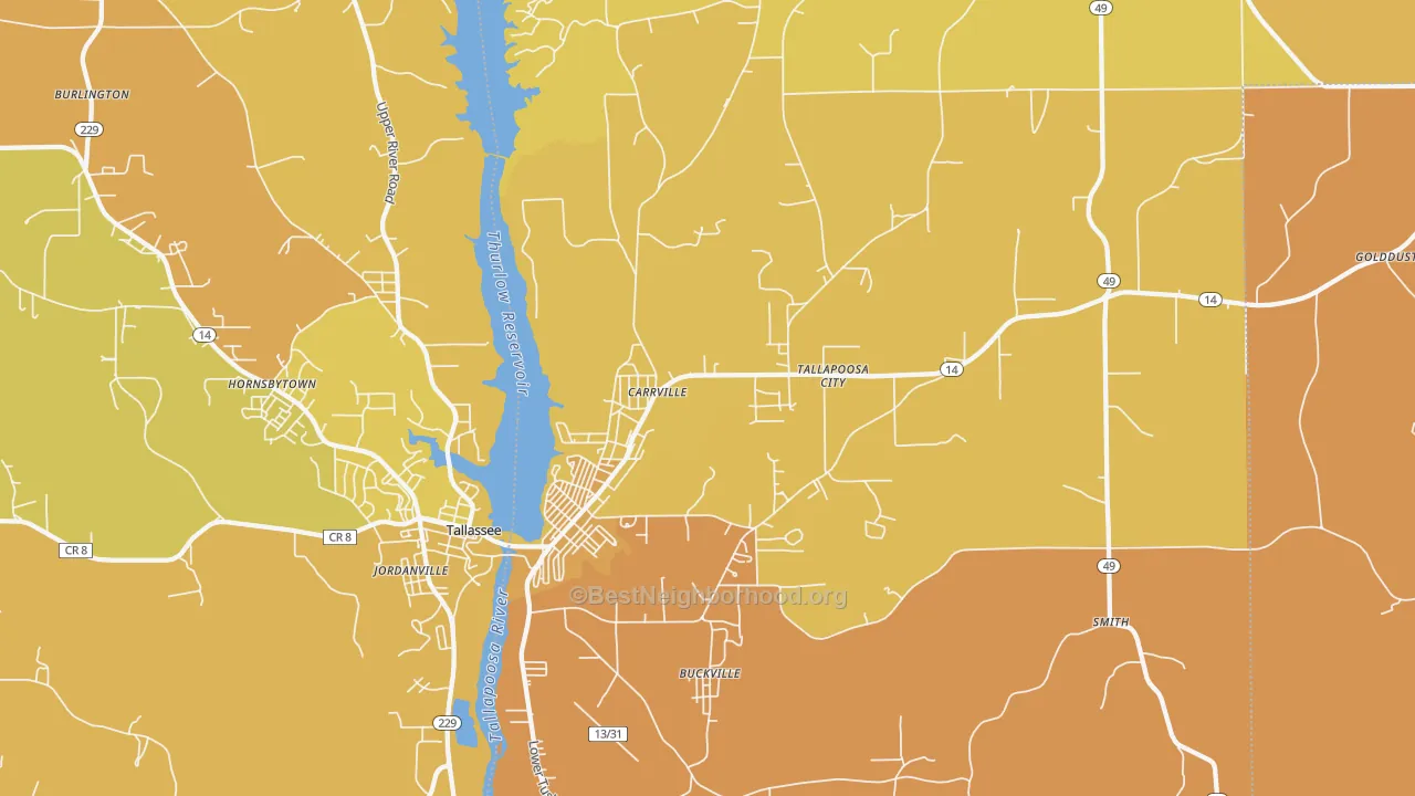 Map of the best neighborhoods in the Carrville area, with better matches in green and worse matches in red