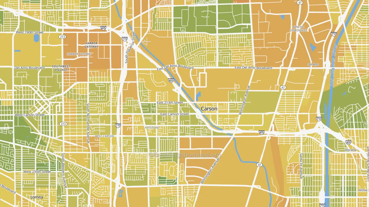 Map of the best neighborhoods in the Carson area, with better matches in green and worse matches in red