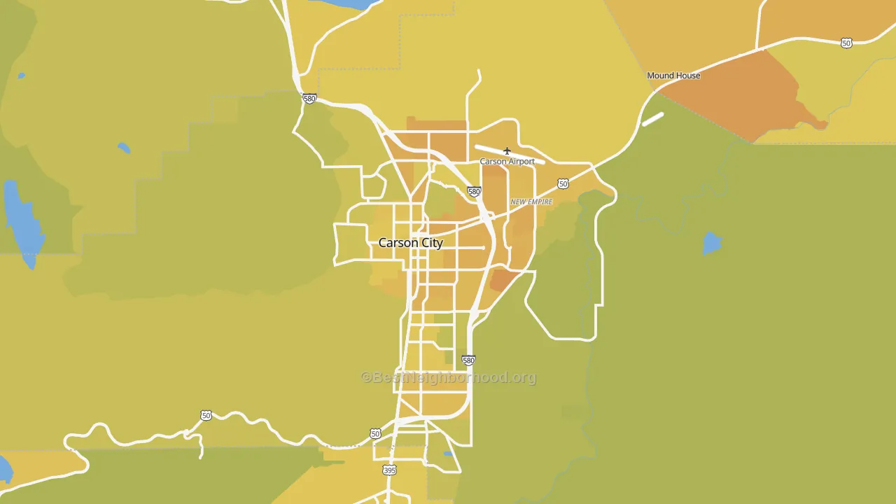 Map of the best neighborhoods in the Carson City area, with better matches in green and worse matches in red