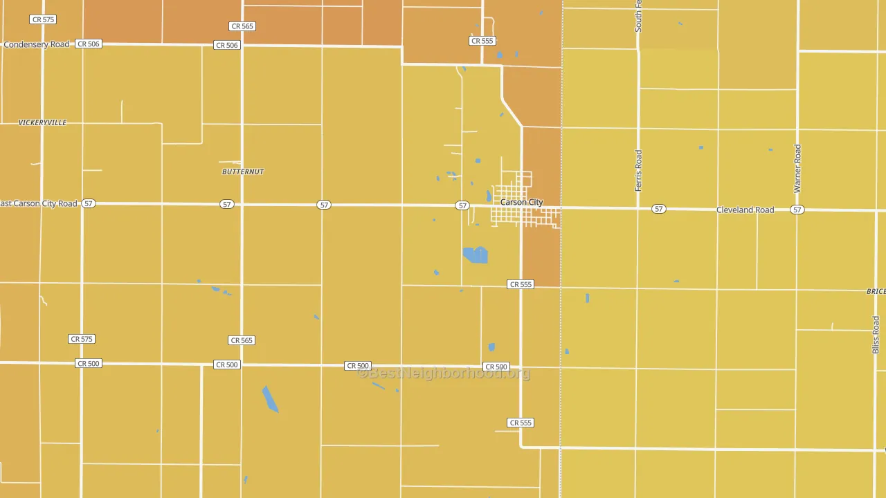 Map of the best neighborhoods in the Carson City area, with better matches in green and worse matches in red
