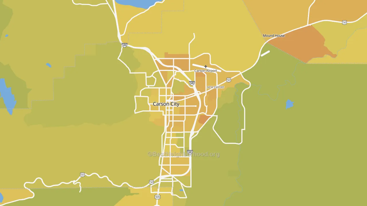 Map of the best neighborhoods in the Carson City Metro area, with better matches in green and worse matches in red
