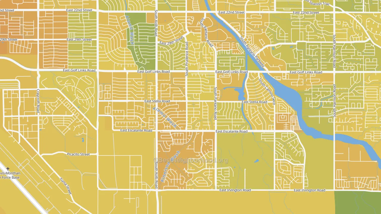 Map of the best neighborhoods in the Carson Corner, Tucson area, with better matches in green and worse matches in red