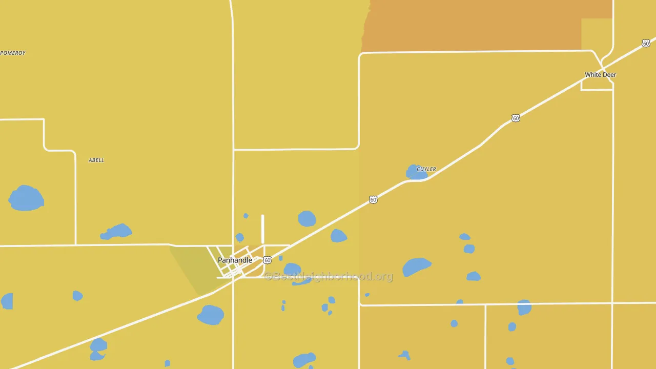 Map of the best neighborhoods in the Carson County area, with better matches in green and worse matches in red