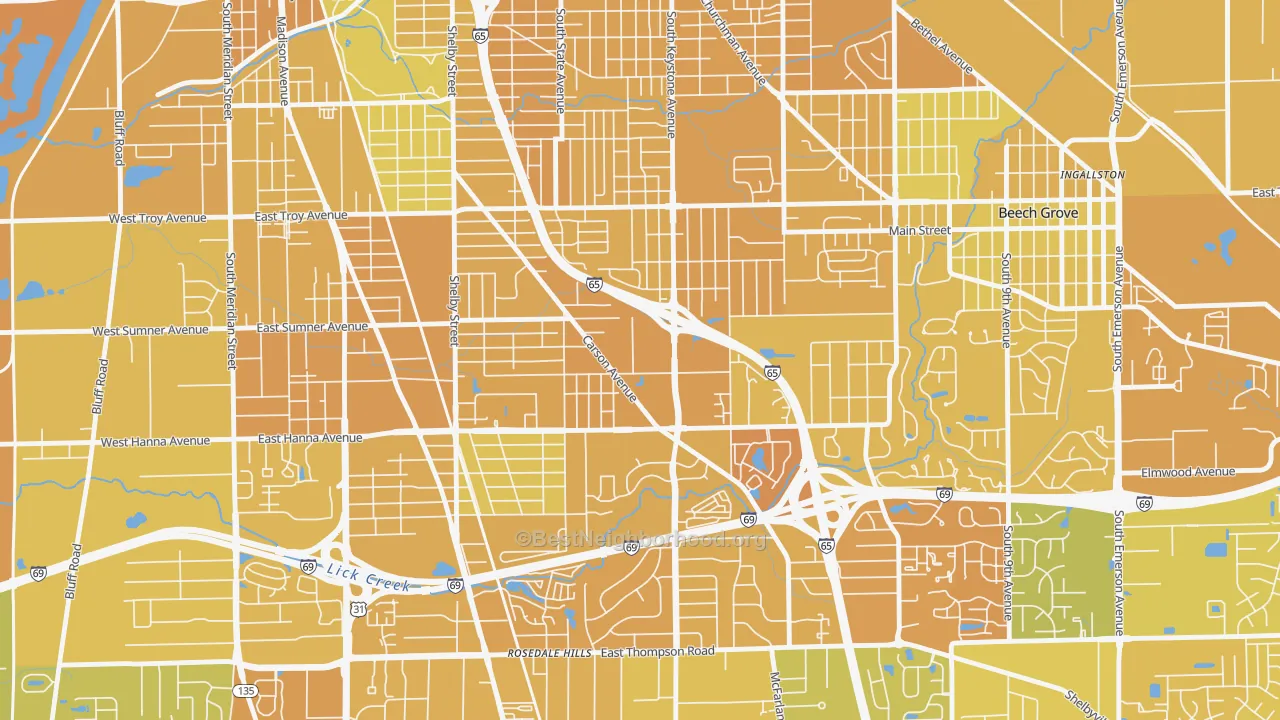 Map of the best neighborhoods in the Carson Heights, Indianapolis area, with better matches in green and worse matches in red