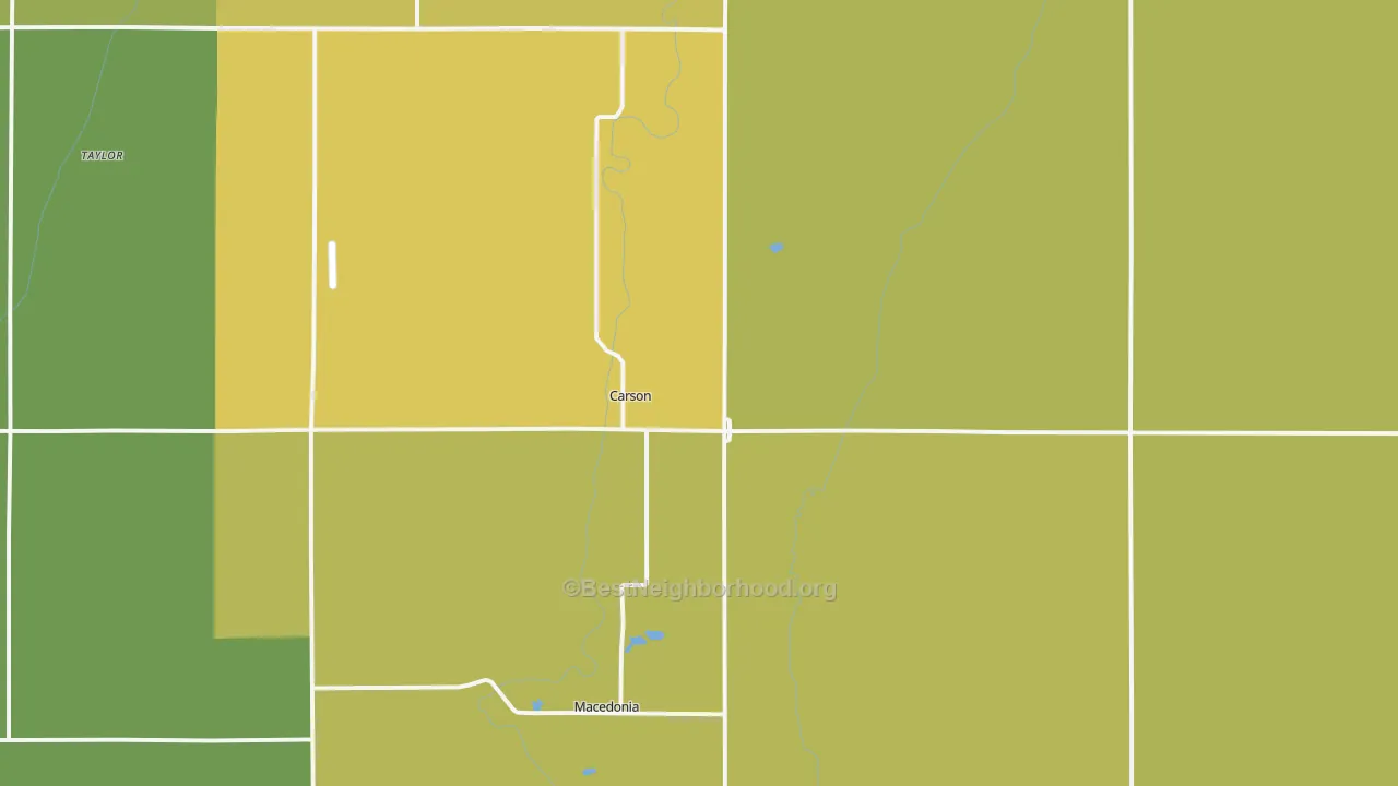 Map of the best neighborhoods in the Carson area, with better matches in green and worse matches in red
