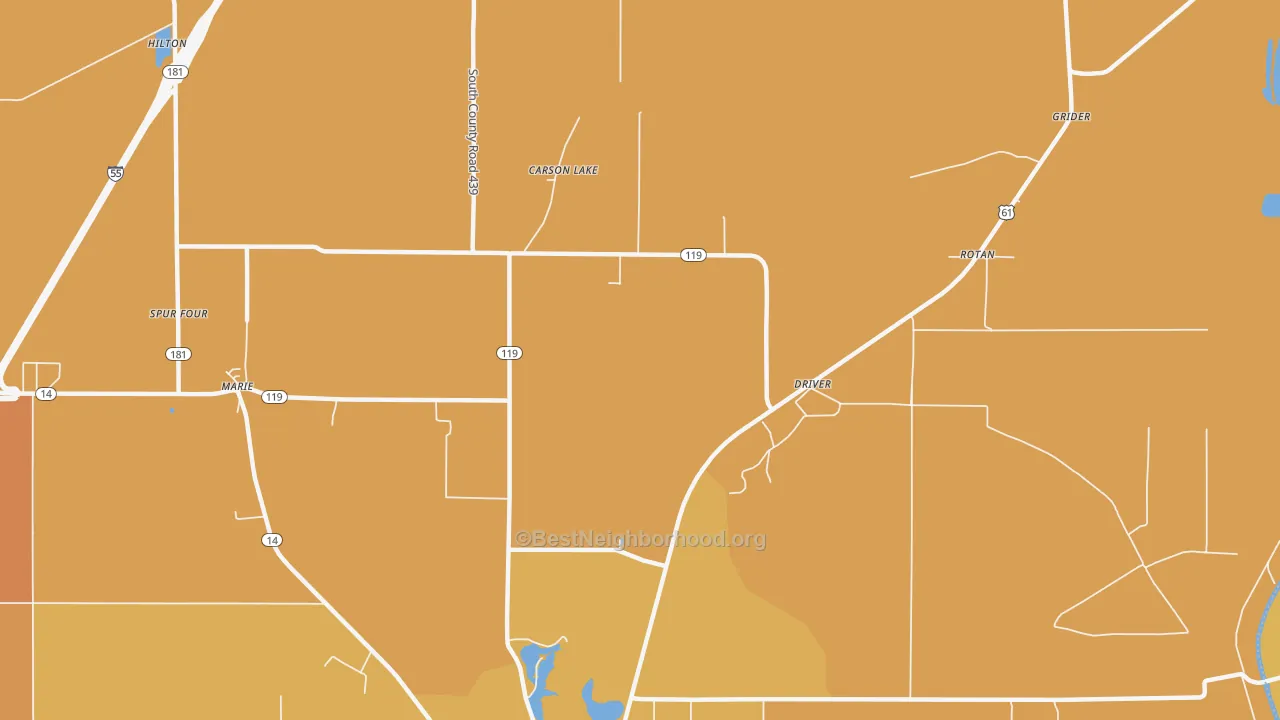 Map of the best neighborhoods in the Carson Lake area, with better matches in green and worse matches in red