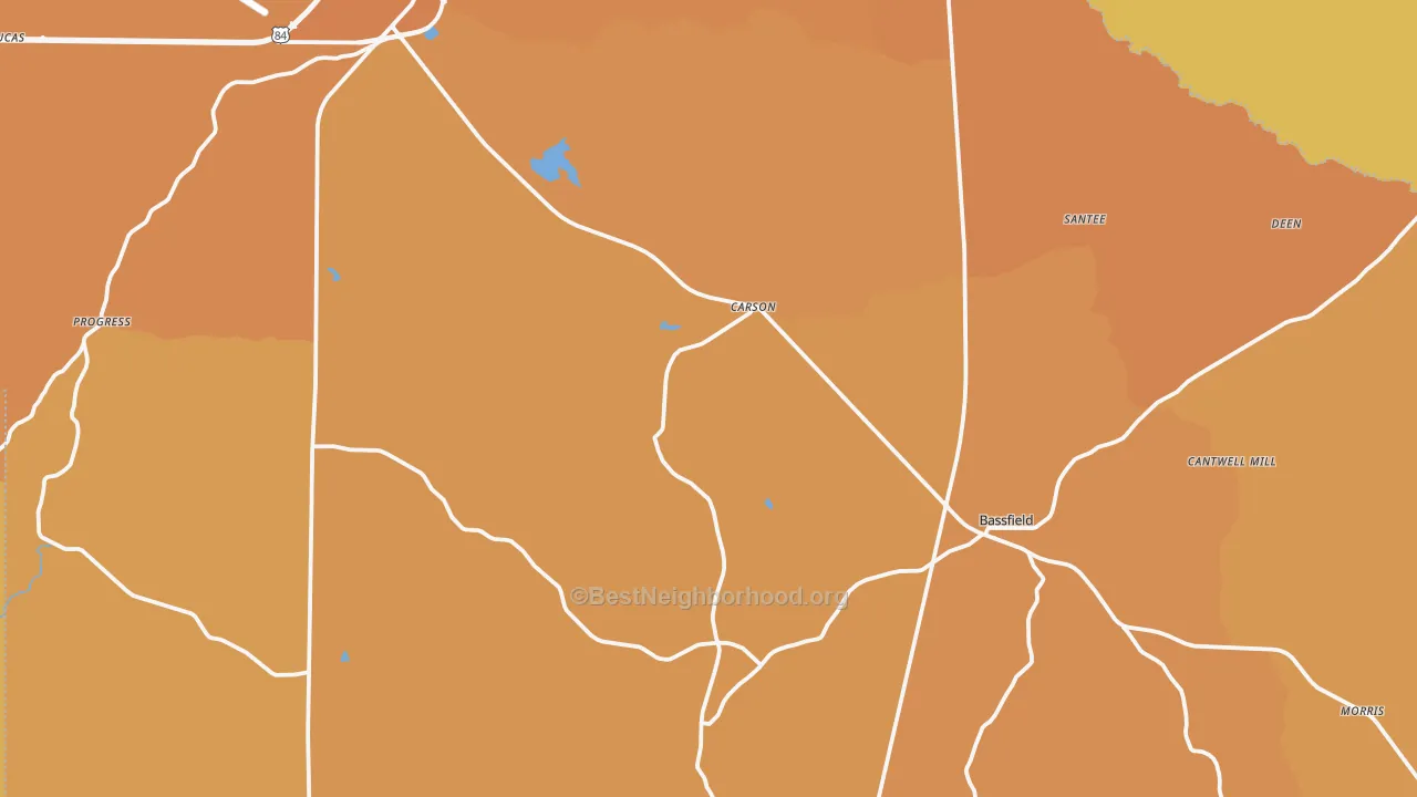 Map of the best neighborhoods in the Carson area, with better matches in green and worse matches in red