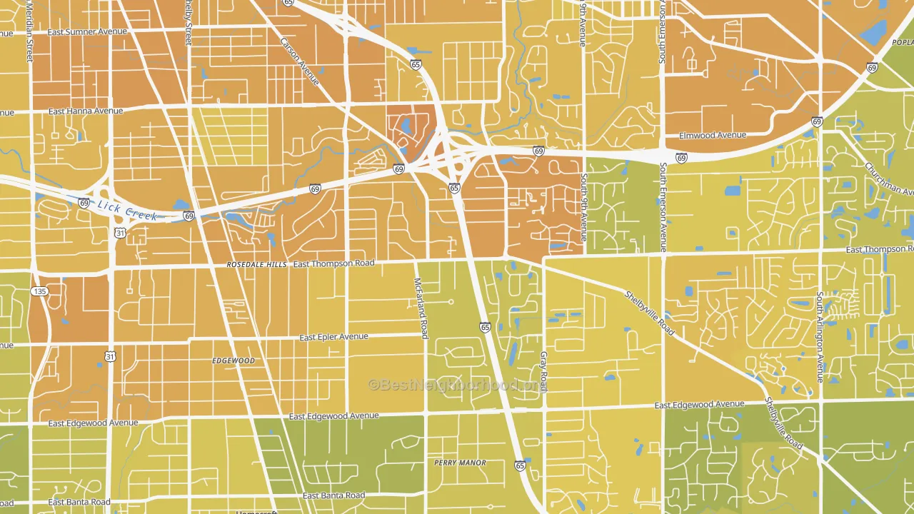 Map of the best neighborhoods in the Carson Square, Indianapolis area, with better matches in green and worse matches in red