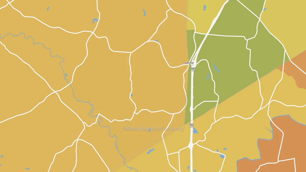 Map of the best neighborhoods in the Carson area, with better matches in green and worse matches in red